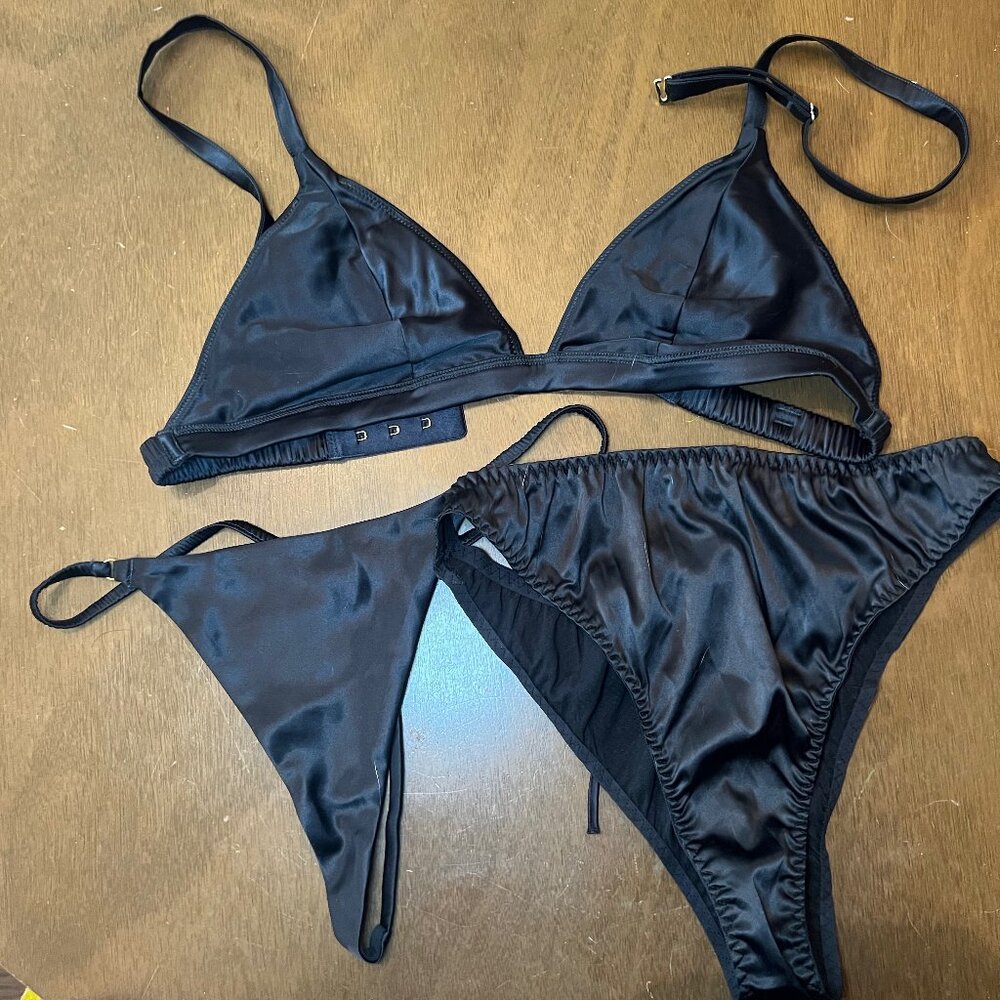 DEADSTOCK Luminous Glow Black Satin Bralette, Thong and Lace Up Cheeky, XS, NWOT
